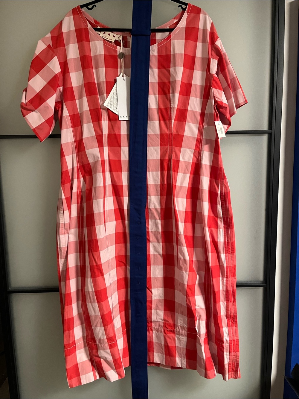 ❤️ MARNI Red & White Check Midi Dress w/ Ultramarine Belt – Size 46 (NWT) 🇮🇹 - Picture 4 of 5